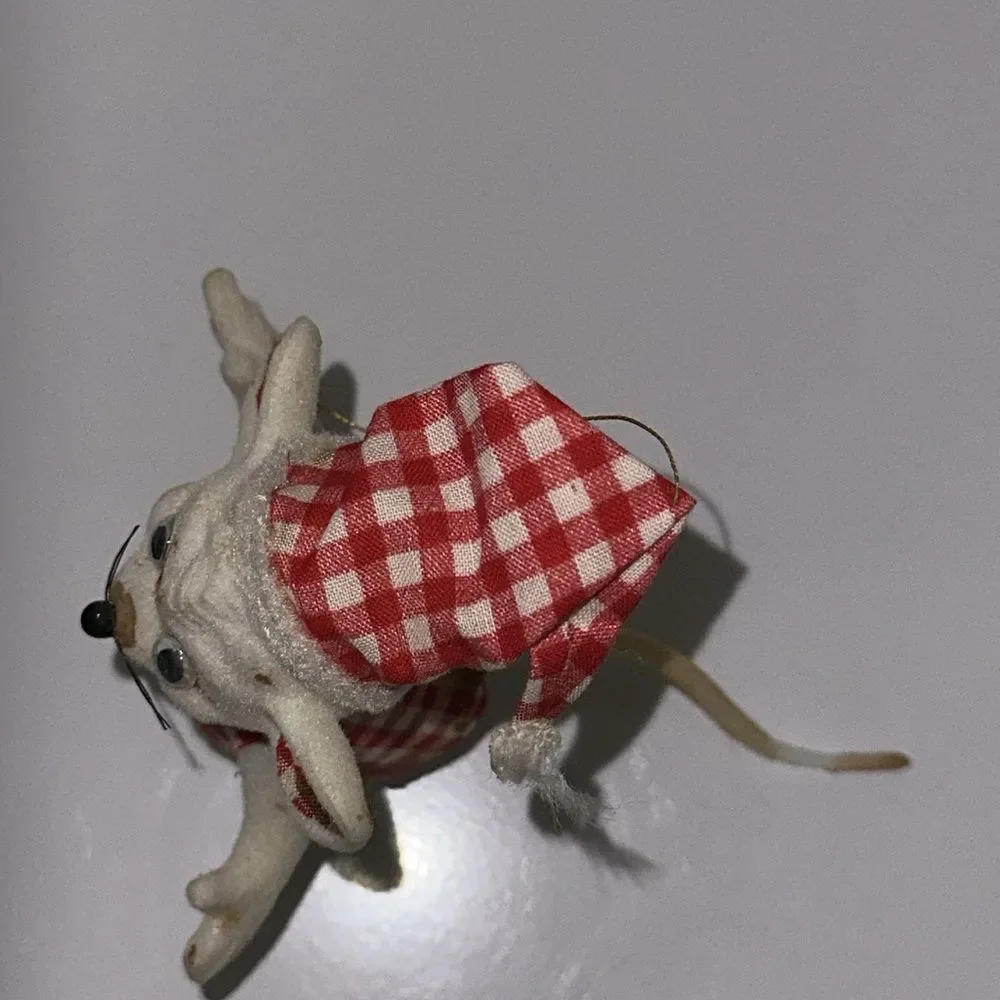 Vintage Flocked Plastic Mouse Christmas Ornament with Red Checkered‎ Hat & Vest